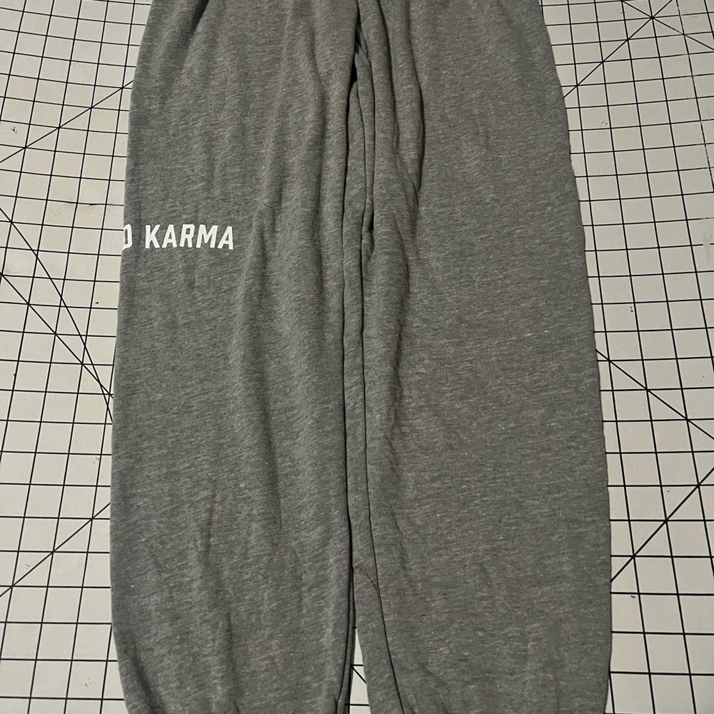 Spiritual Gangster. Sweatpants, very soft. Size small with “Good Karma”